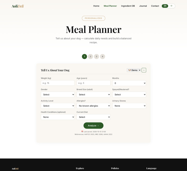 Meal planner step 1 — enter your dog's details